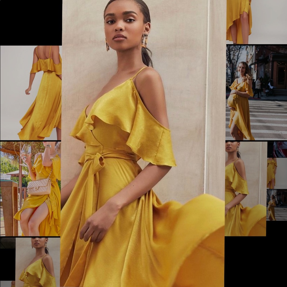 Gold saffron yellow silky high low wrap dress